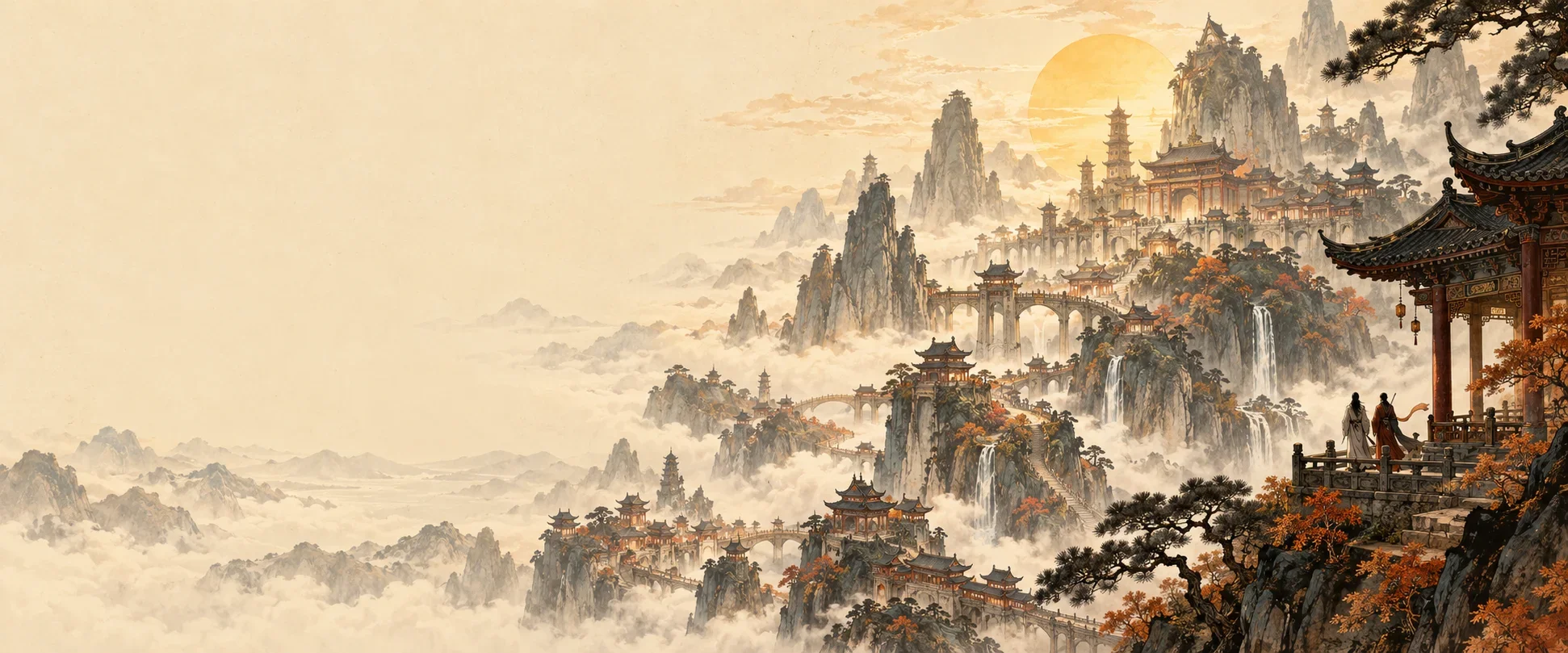 Temples et montagnes imaginaires dans un paysage xianxia à l’encre et à l’ocre